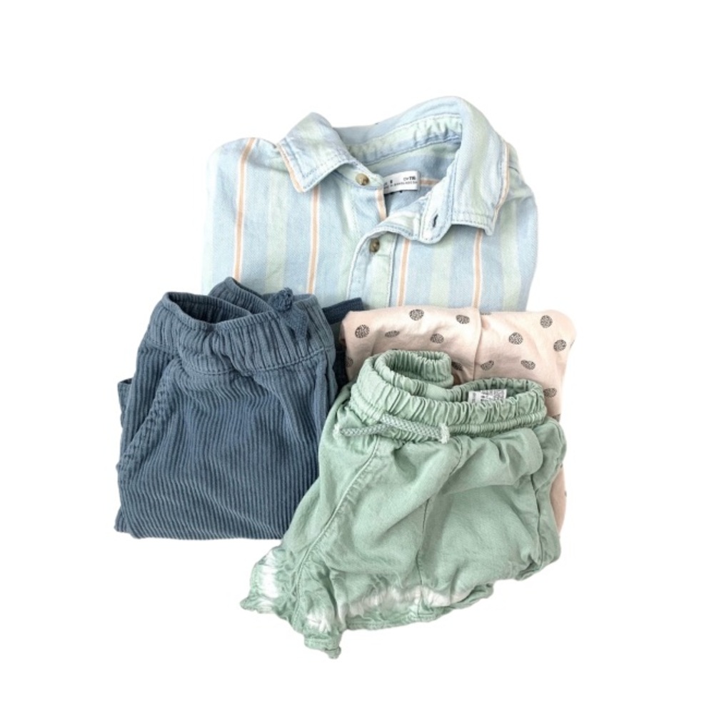 Zara Boys 4 Piece Bundle Tie Dye & Corduroy Shorts Striped Button Up & Free Tee
